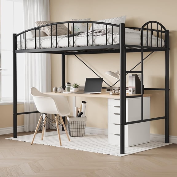 Twin Loft Bed with Ladder and Guardrail, No Box Spring Needed, Heavy Duty Metal Frame, Black