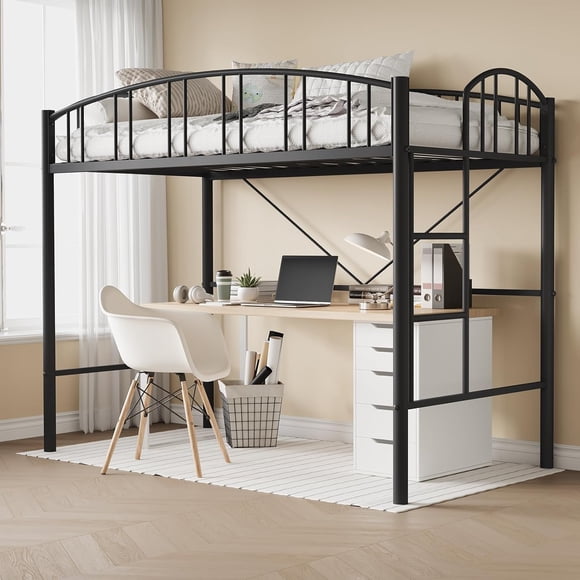 Lit Mezzanine Format Simple avec Échelle et Garde-Corps Arqué, Cadre de Lit Mezzanine en Métal Robuste pour Enfants et Adultes, Lattes en Acier Robustes, Conception Peu Encombrante, Aucun Sommier Requis, Noir
