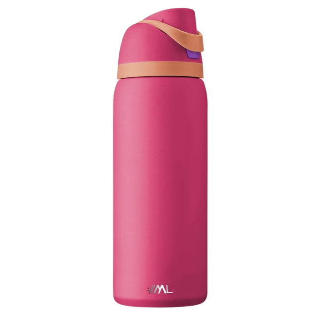 magma life termo acero inoxidable 946 ml 32 oz, material seguro y resistente, tapa con botón y cerradura, asa integrada, sellado hermético, antiderrapante — Termo Magma Life 946 ml (32 oz) frontal, cuerpo cilíndrico de acero inoxidable con acabado mate rosa, tapa con botón y pestillo de seguridad salmón con detalle morado, banda de goma antiderrapante y asa integrada en la tapa, boquilla amplia visible y logo MAGMA LIFE en la base; ideal para bebidas frías o calientes y a menudo usado para llevar bebidas durante el día o al gimnasio.