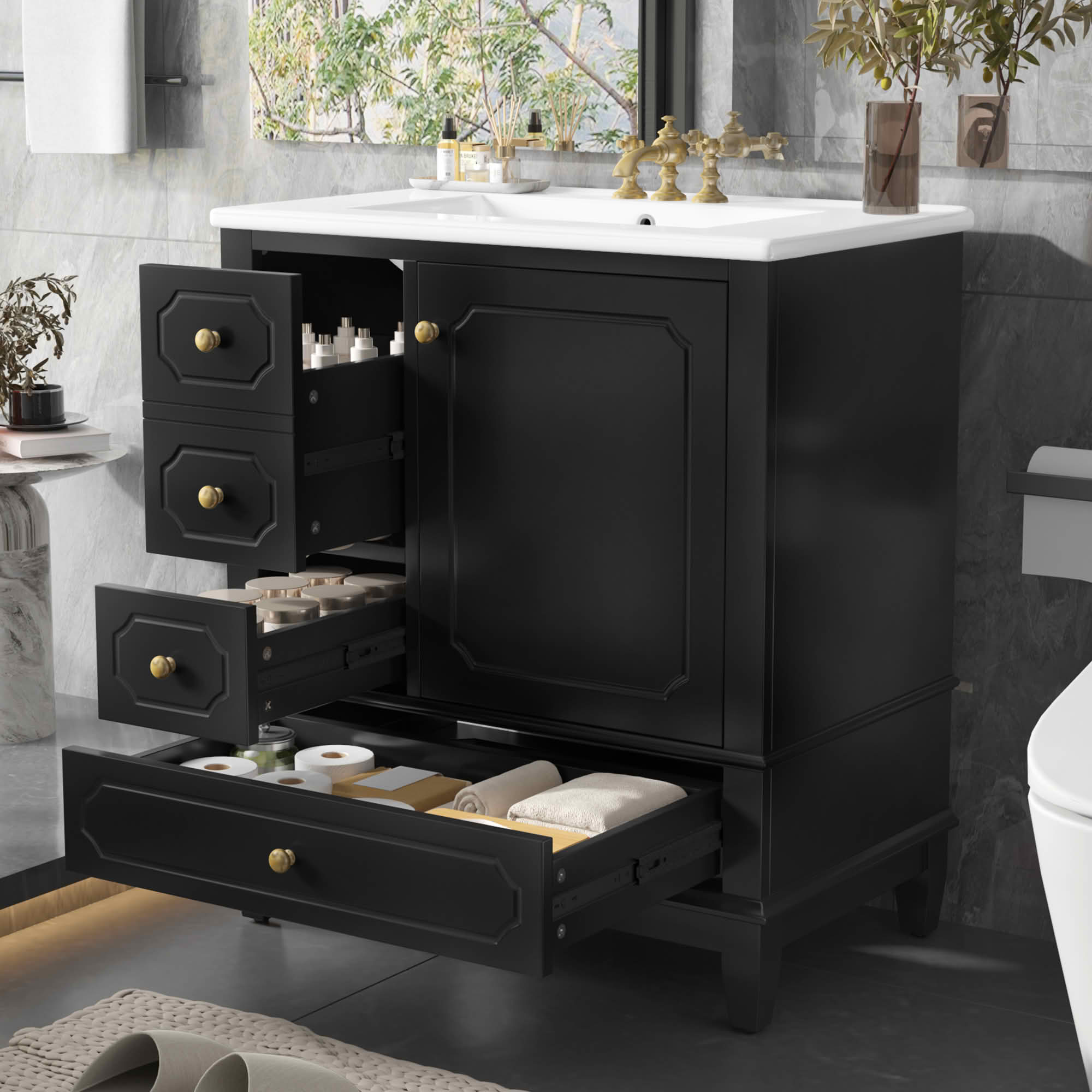 MAYEERTY 30" Bathroom Vanity with Sink, Freestanding Cabinet Ceramic Basin Solid Wood Frame Soft-Close Door 3 Drawers Painted MDF Rubber Wood, Storage Shelves Included, Black