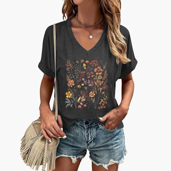 Trendfront Womens Floral Graphic Print Tee Fashion V Neck Short Sleeve Tops Summer T Shirts Casual Pullover Stylish Shirt