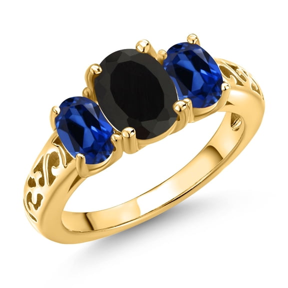 Gem Stone King 18K Yellow Gold Plated Silver Black Onyx and Blue Created Sapphire Filigree Style 3 Stone Ring for Women (2.80 Cttw, Oval 8X6MM and 6X4MM) (Size 9)