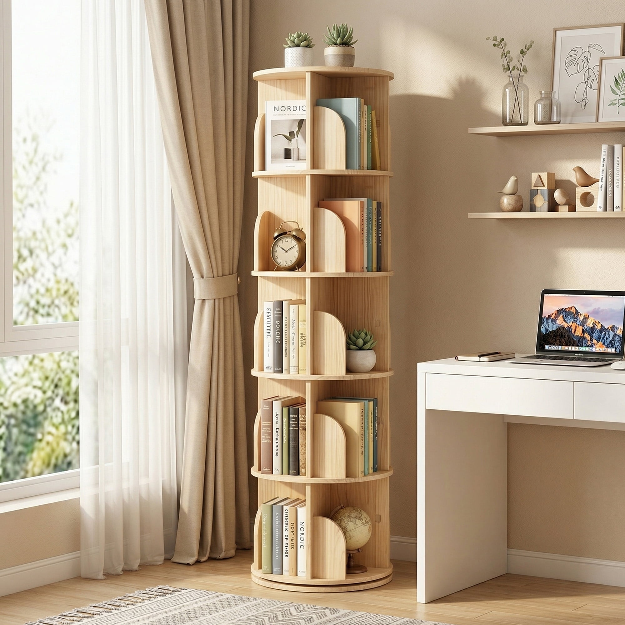 5 Tier Rotating Bookshelf, Tall Round Floor Standing Bookcase with 360° Spinning Design, Wooden Storage Display Shelf for Bedroom, Living Room, Home Office, Natural