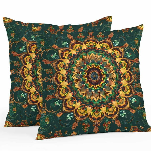 Waterproof Throw Pillow Covers Set of 2, 18x18 Inch Bohemian Flower Decorative Pillowcases Outdoor Pillow Slip Cushion Covers Set for Couch Tent Colorful Yellow Boho Rustic Tribal