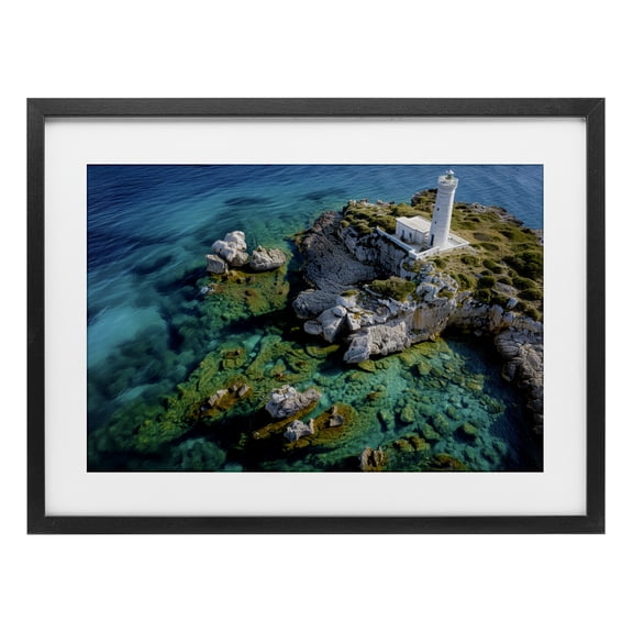 Stupell Industries Lighthouse with Seaside Rocks Black Framed Print Under Glass design by Don Schwartz, 14 x 20