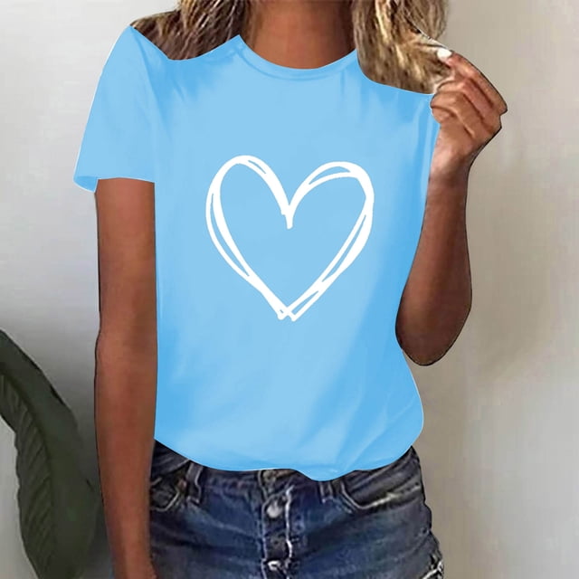 Meichang Femmes Valentines Day Chemises Hauts Mignons T-Shirts Graphiques Cœur Hauts de Fête Manches Courtes Blouses Décontractées de Printemps Col Rond Chandails à Enfiler T-Shirts