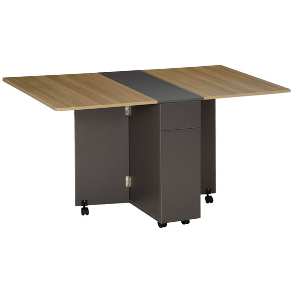 HOMCOM Folding Dining Table w/ Drop Leaf, 6 Wheels, Drawers, Cabinet