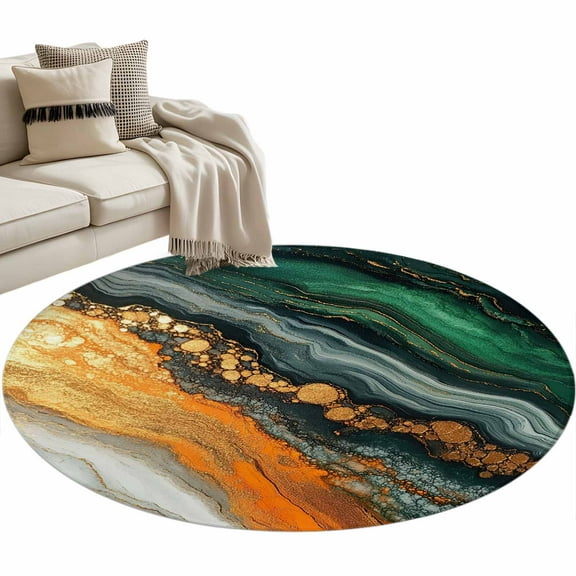 Teal Orange Marble Round Area Rug 4 FT, Non Slip Indoor Outdoor Rug, Modern Ink Painting Abstract Washable Soft Circular Carpet Non-Shedding Floor Mat for Coffee Table Nursery Foyer Balcony