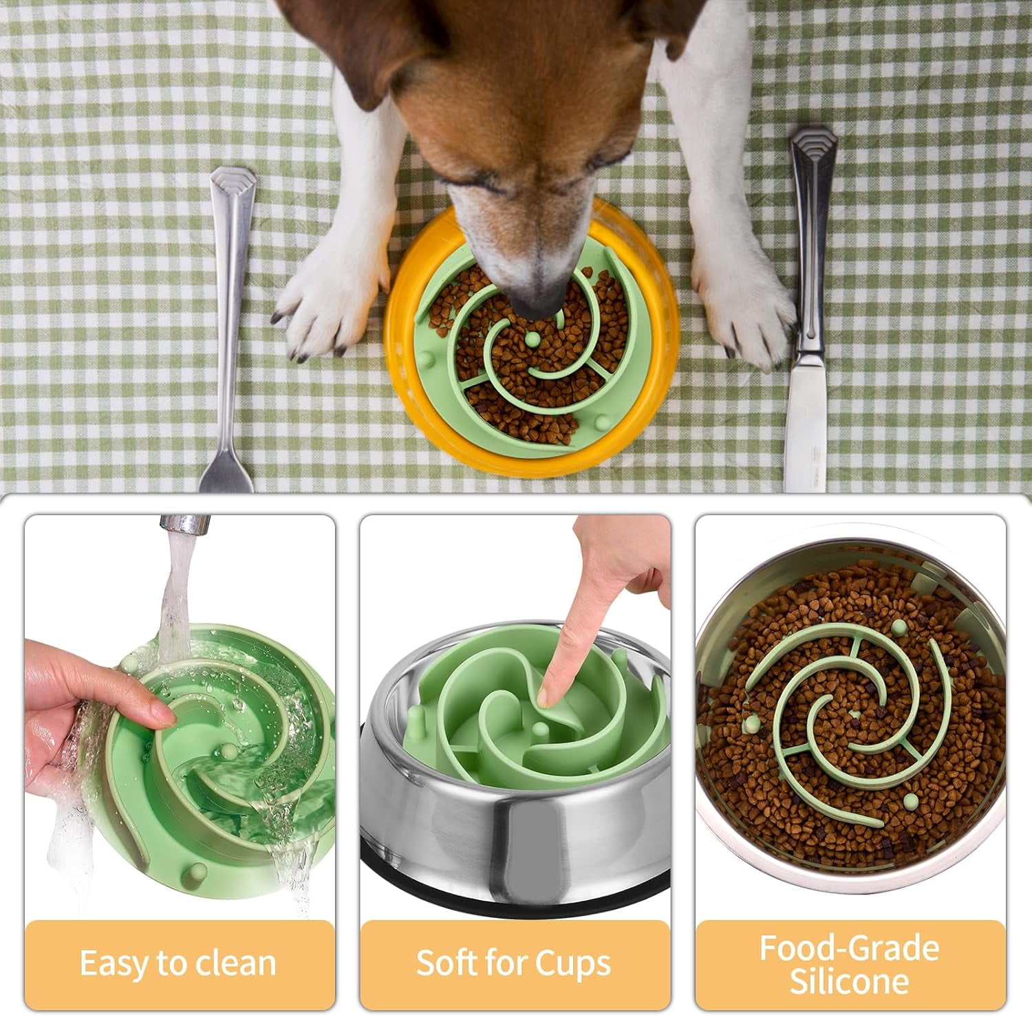 Slow Feeder Dog Bowls Insert,  Soft Silicone Slow Eating Feeder Insert with Suction Cups for Small, Medium and Large Dogs, Fit into Basic and Elevated Dog Bowls, Green Green,L