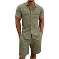 thumbnail image 3 of VBTAPA Men's 2 Piece Short Set Summer Beach Outfits Cotton Linen Button Down Shirt and Shorts Hawaiian Matching Sets Army Green S, 3 of 8