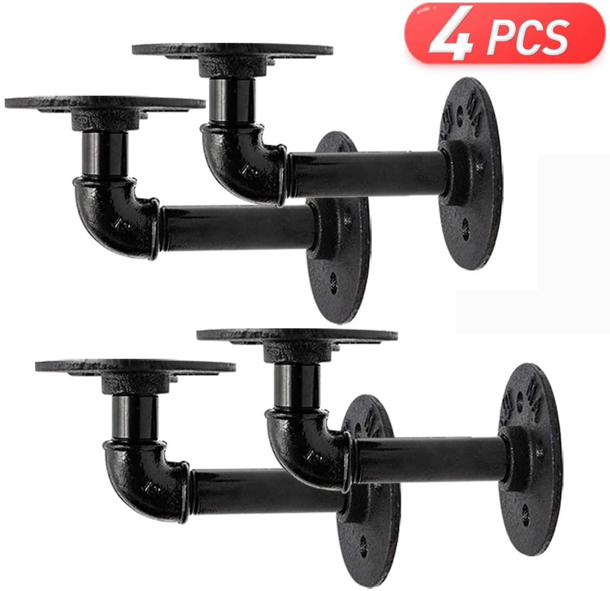 Wall Mounted DIY Bracket Industrial Pipe Shelf Brackets 12 inch Set of 4 Rustic Floating Shelf Brackets with Iron Fittings Garment Rack Hardware Flanges and Pipes for Vintage Furniture Decor