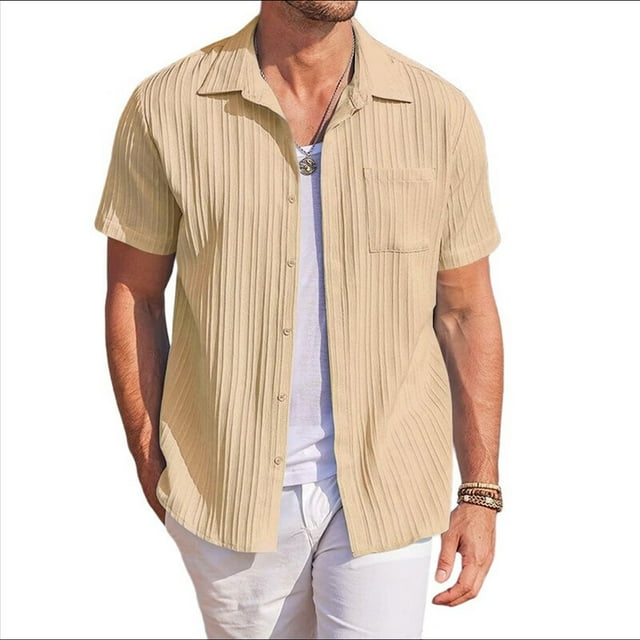 Camisas Casuales de Corta con Botones para Hombre, con Textura, para Playa y Verano, con Bolsillo Caqui XL