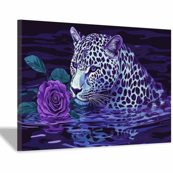 Mudket Framed Purple Leopard with Rose Canvas Wall Art, Bold Leopard Print Wall Decor, Modern Animal Wall Art Ready to Hang - 12"L x 8"W