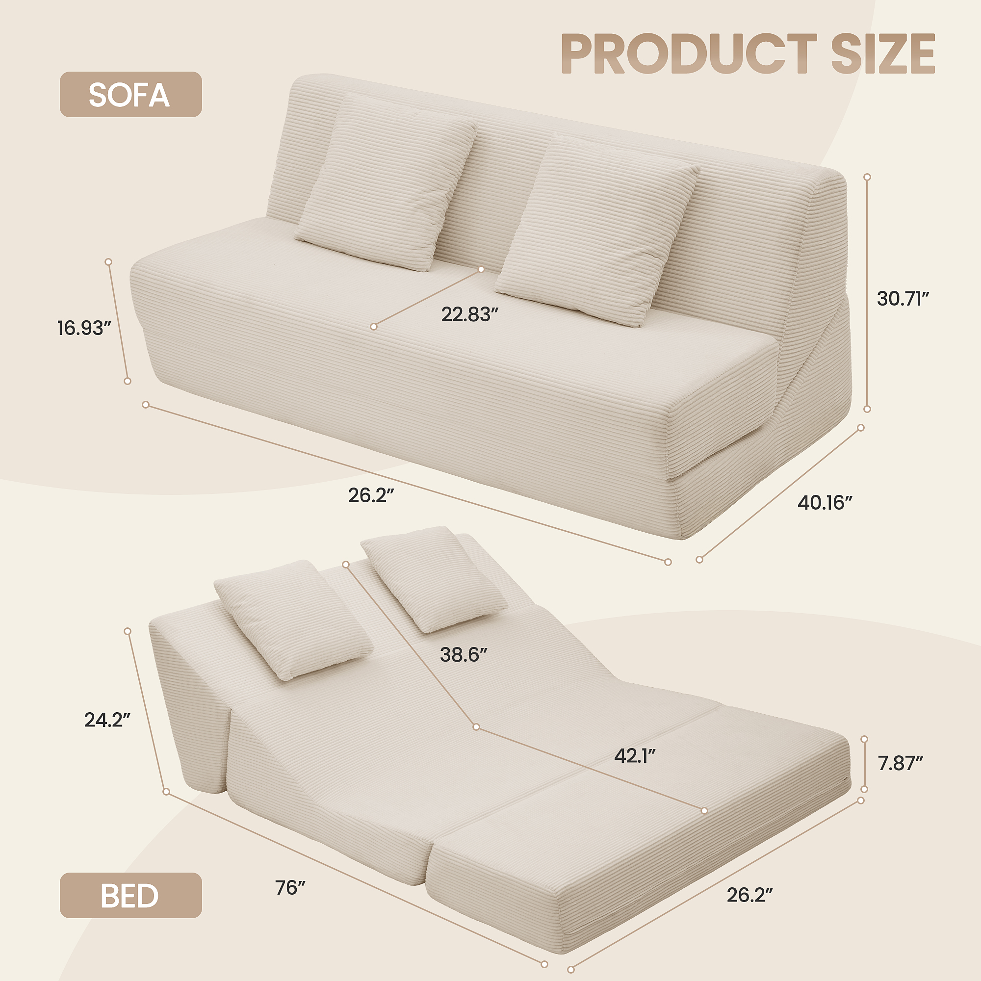 Vorthio Folding Sofa Bed, Convertible Sleeper Chair with Pillows, High Support Memory Foam & Soft Corduroy Fbric, Comfy Couch Bed, Floor Loveseat Couch for Living Room,White