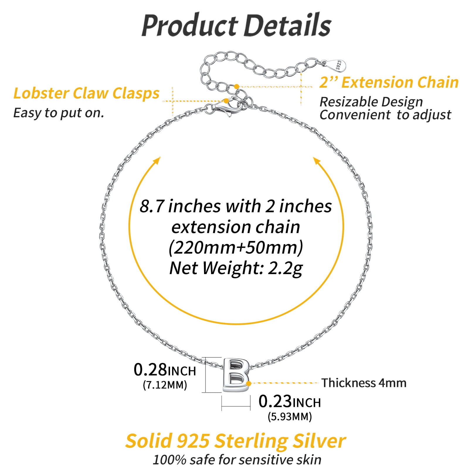ChicSilver 925 Sterling Silver Initial Ankle Bracelets for Women, Simple Dainty Letter Initial Anklets Beach Foot Chain Alphabet Jewelry