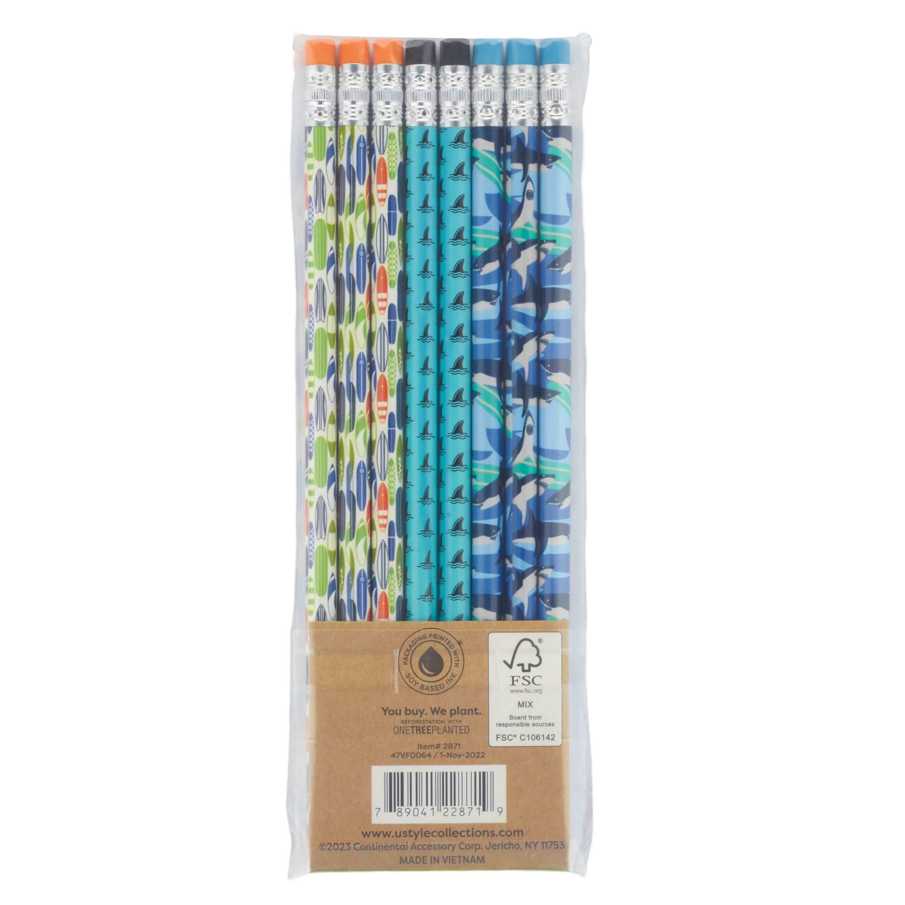 U Style No. 2 Wood Pencils, Shark Design, 8 Pack