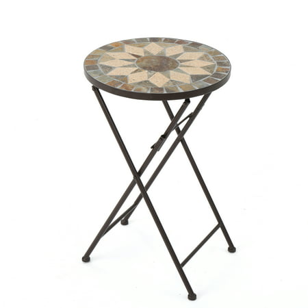 Sandor Outdoor Round Stone Side Table, Beige and Black
