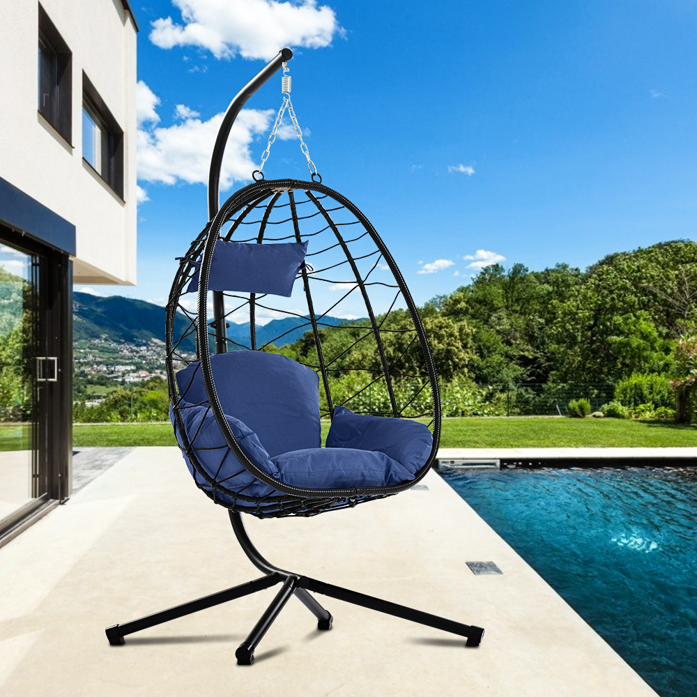 Hanging Wicker Egg Chair with Stand and Dark Blue Cushion, Heavy Duty