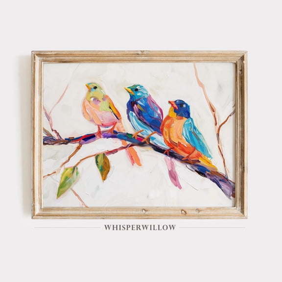 Colorful Birds On A Branch Landscape,, Beautiful Wild Animal, Vibrant Abstract Wall Art, Wildlife Decor Home Decor UNFRAMED Poster, Wall Art for Decor, Present, 16x24
