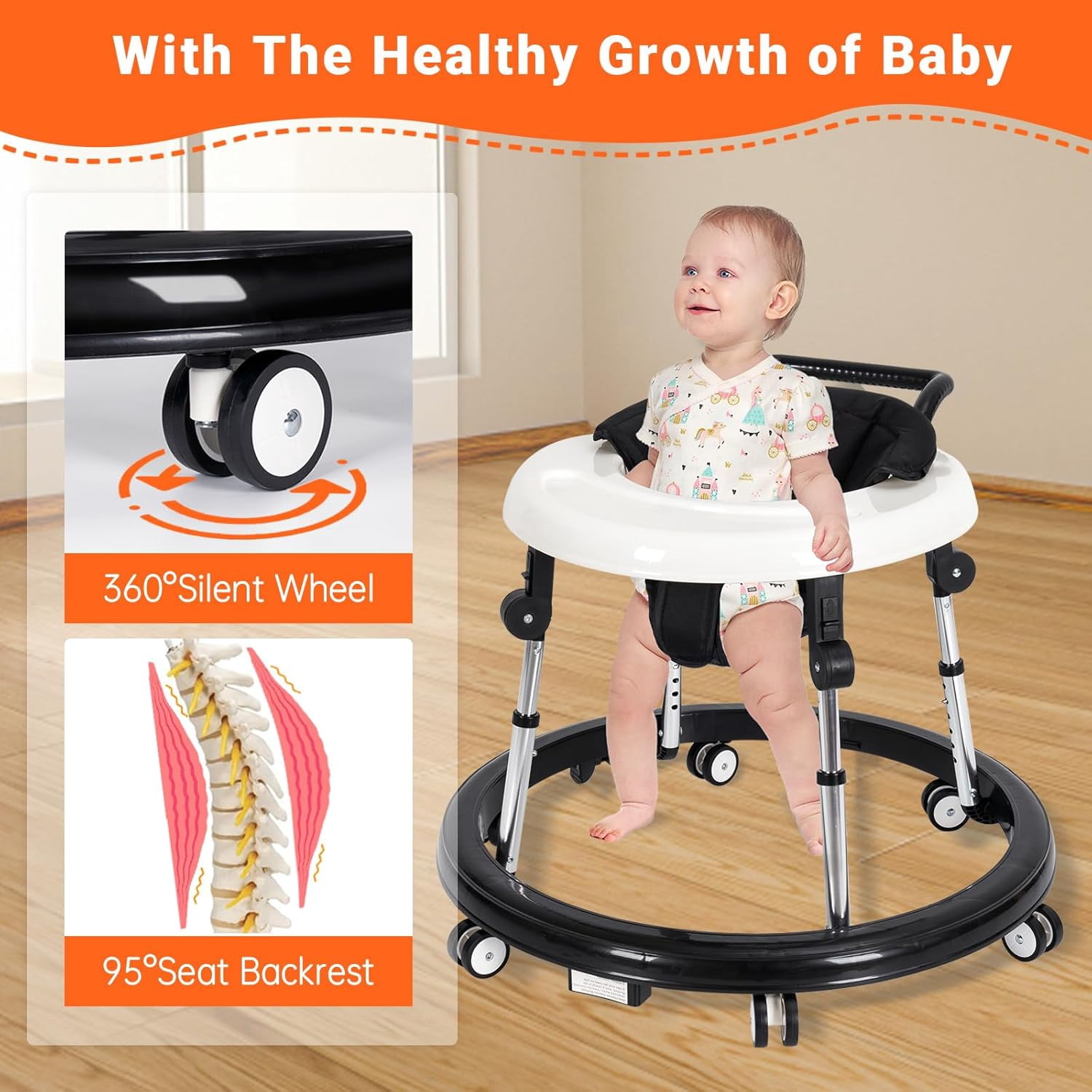 Baby Walker, Portable/Foldable/9 Adjustable Heights/With Wheels/Anti-Rolling, For Babies 6-12 Months,Black