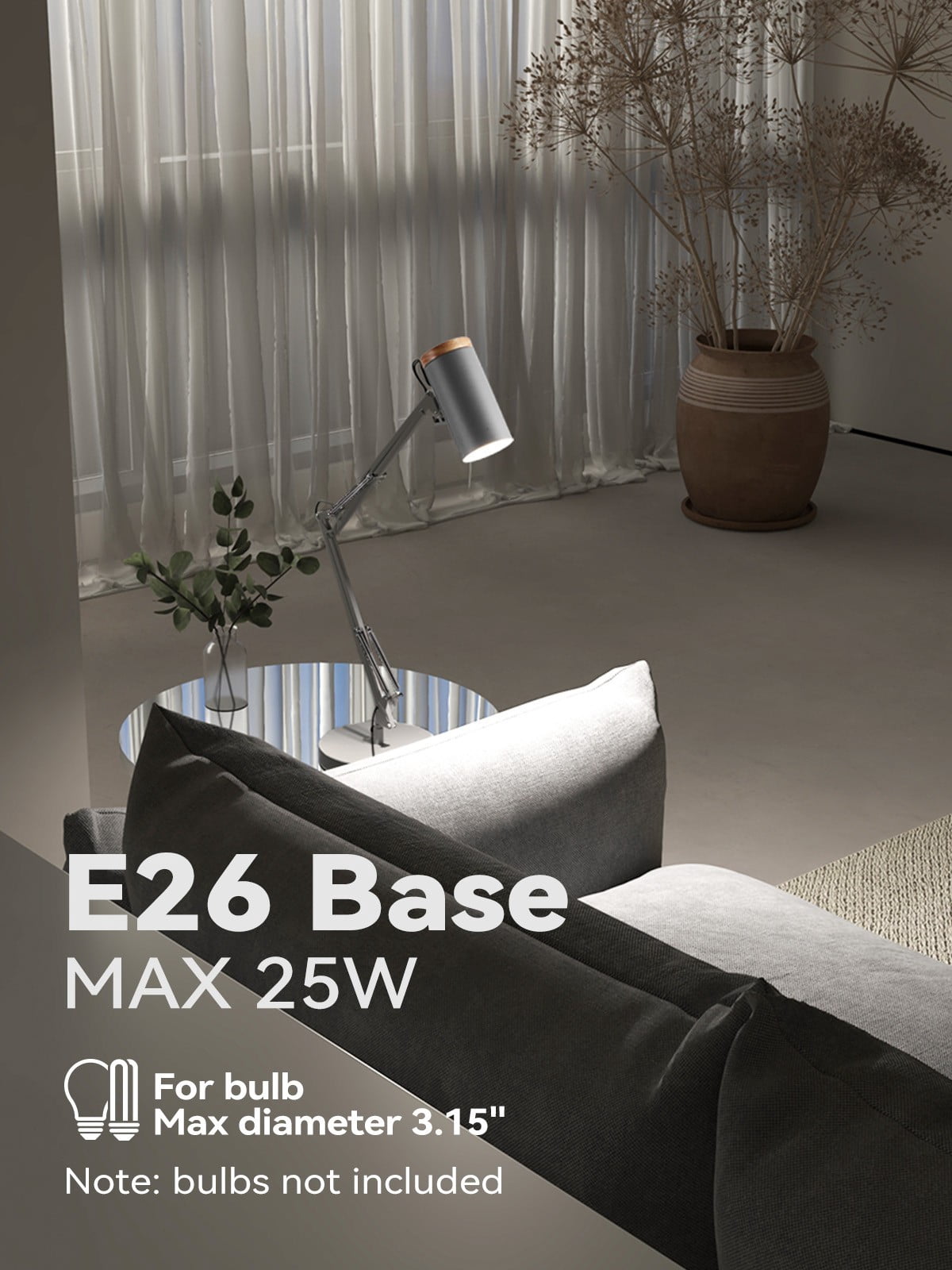 Adjustable Metal Table Lamp, Large Size Max Height 26", E26 Base, Swing Arm Desk Light with Wooden Accent, Gray