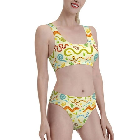 Uemuo Cartoon Snake8 Printed Women s High Waisted Bikini Sets Sporty Two Piece Swimsuits Color Block Cheeky High Cut Bathing Suits-Large
