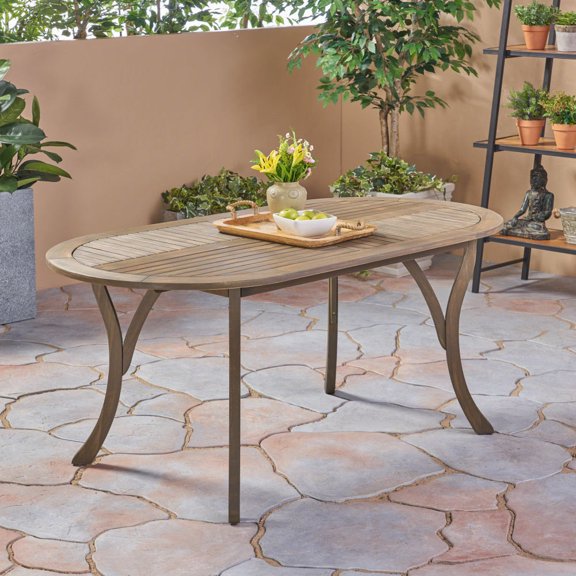 Holaki Outdoor Acacia Wood Oval Dining Table for Patio or Garden,70 Inch Teak-Finish Tabletop with Slatted Design and Smooth Curved Legs,Ideal for Backyard Meals and Entertaining Guests Outside,Gray