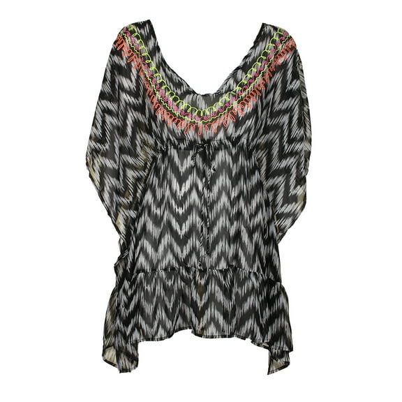Miken Womens Embroidered Ruffle Tunic Dress Swim Cover-Up (S, Black/White)