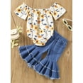 thumbnail image 3 of Bagilaanoe Infant Baby Girls 2 PCS Outfits 3 6 12 18 Months Floral Print Boat-Neck Off-Shoulder Short Sleeve Rompers + Denim Flare Pants Set, 3 of 9