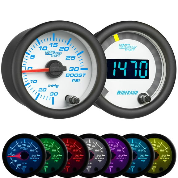 GlowShift | White 7 Color Series Analog 30 PSI Boost Vacuum Gauge and Digital Wideband Air Fuel Ratio Gauge Dual Set for Cars and Trucks