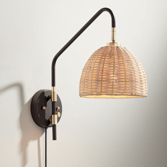 Barnes and Ivy Vega Modern Wall Lamp Bronze Brass Plug-in Light 16" Light Fixture Swing Arm Adjustable Natural Rattan Dome Shade for Bedroom Reading