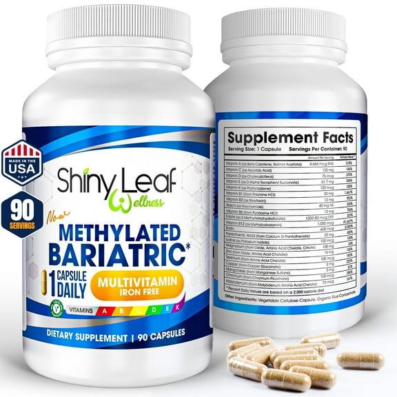 Shiny Leaf Methylated Bariatric Multivitamin Without Iron – 1 Daily Capsule with Methylated Folate & B12, Vitamins A, C, D, Biotin, Zinc, K – For Gastric Bypass & Sleeve – Vegetarian, Soy-Free, 90ct.