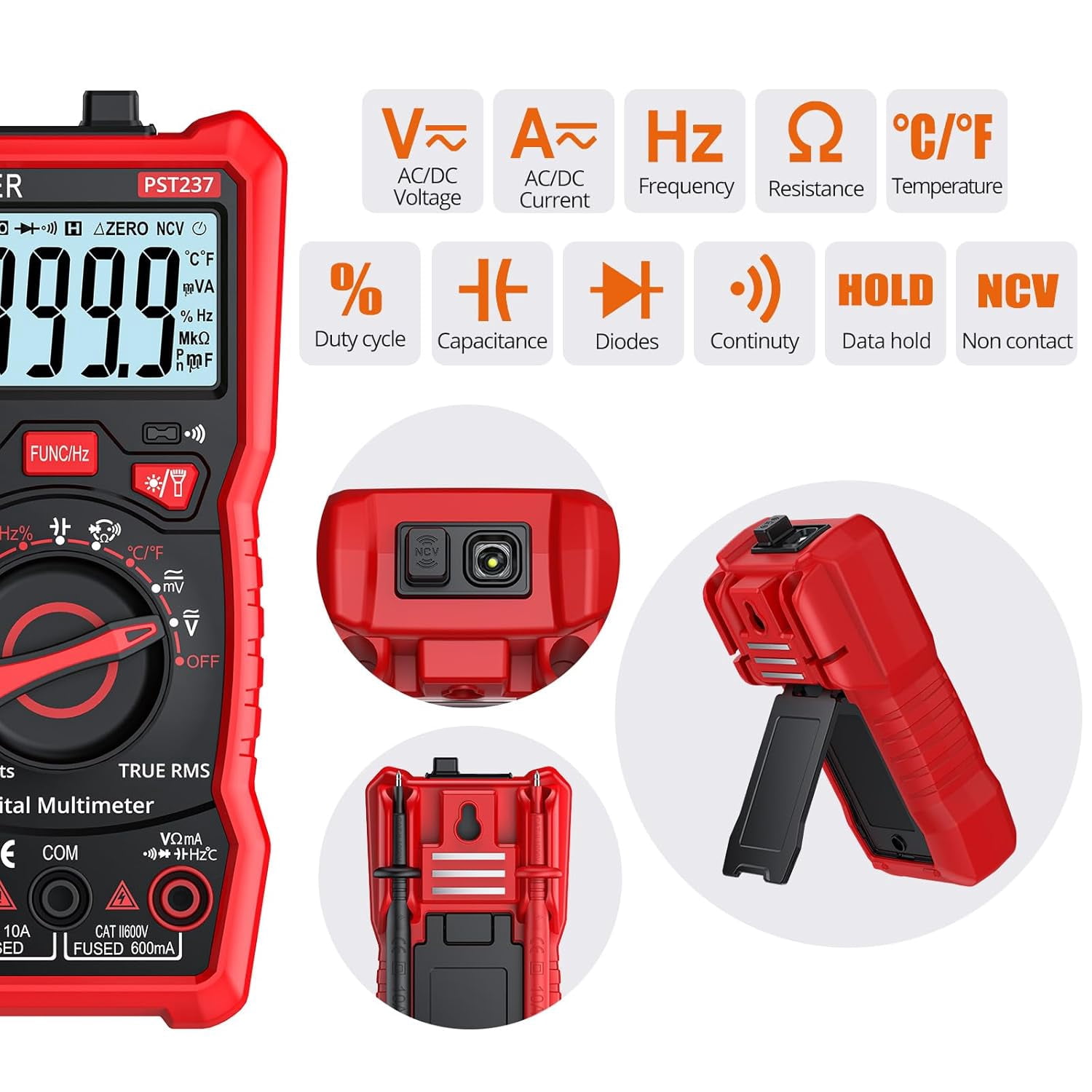 Proster Multimeter TRMS 6000 Counts Auto Manual Range Multimeter Tester with DC/AC Voltage DC/AC Current NCV Detector Temperature Capacitance Resistance Diode Continuity Tester with Cloth Bag