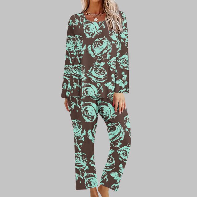 Puntoco Conjunto de pijama cómodo para mujer, conjunto de pijama con top y pantalones de manga larga con cuello redondo y estampado informal a la moda para mujer
