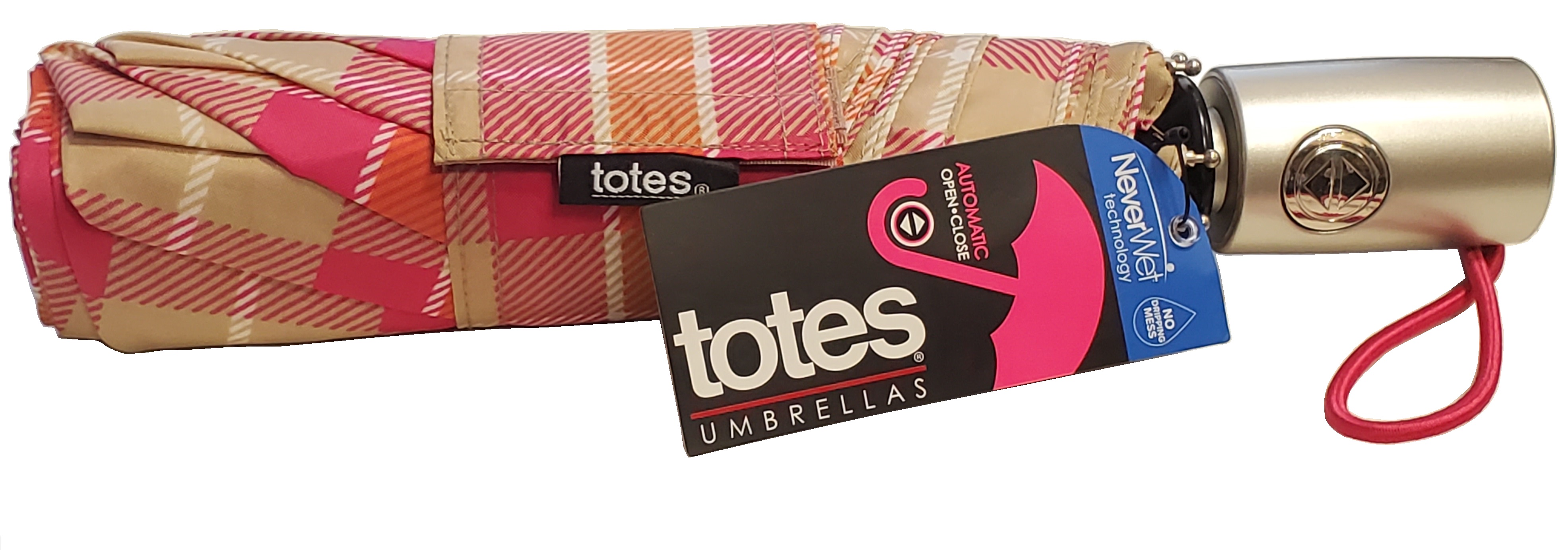totes Auto Open Auto Close NeverWet Umbrella 43" Arc, Pink Orange Sand