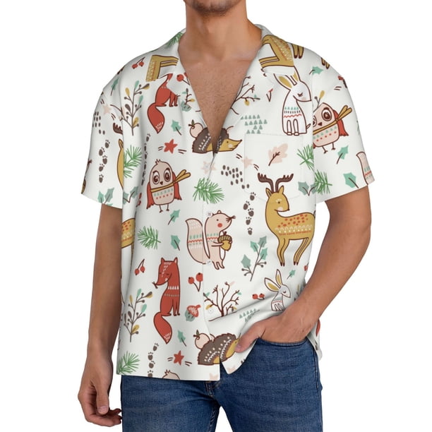 Fotbe Cute Little Animals Camisa Estampada de Manga Corta para Hombre, Casual de Verano, Estilo Playero, Sin Arrugas-Large