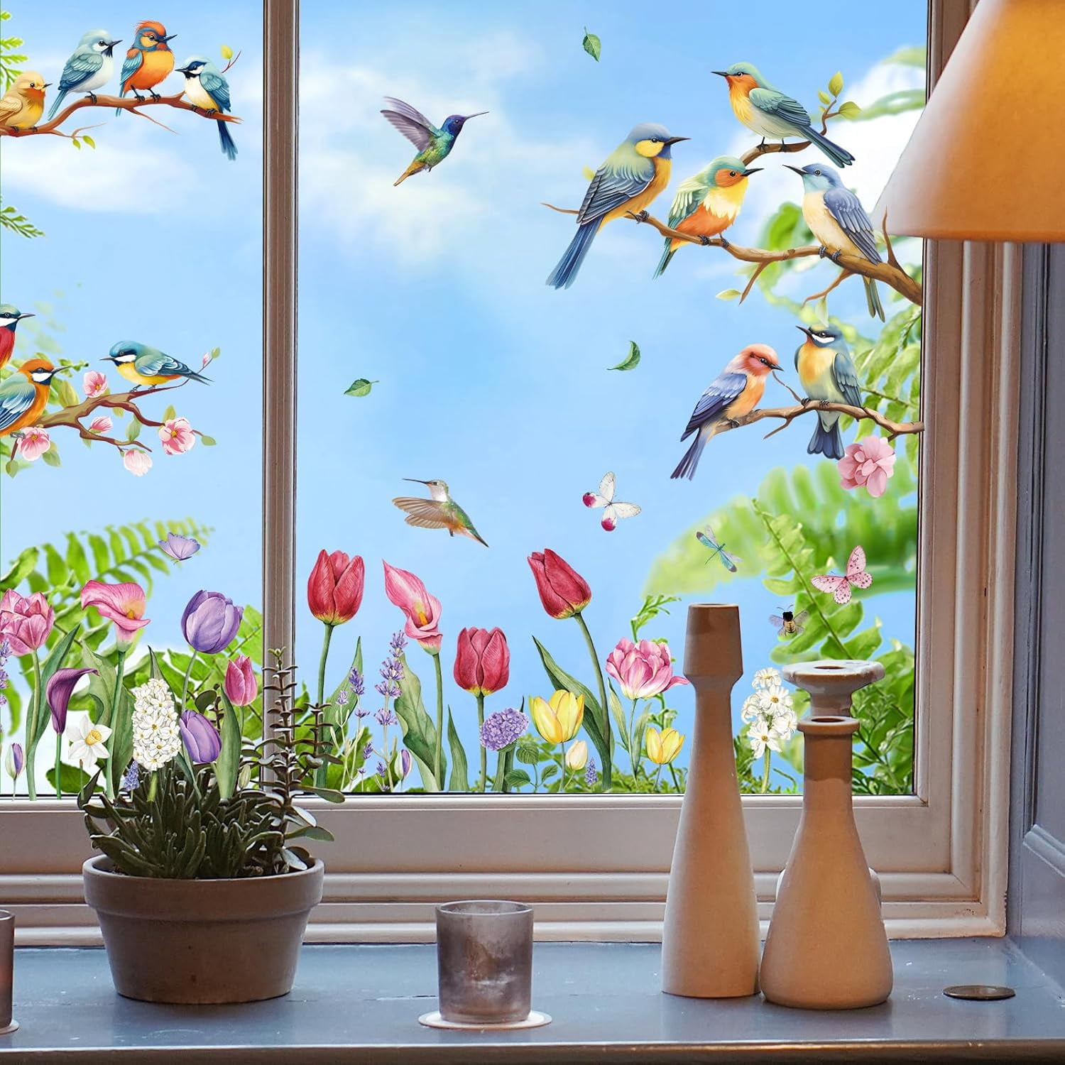 Spring Window Clings, 9 Sheets 76 PCS Tulip Window Clings with Bird Branch Butterfly Double Sided Reusable Spring Holiday Decorations Spring Decor for Room Office