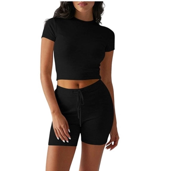 Hurxie Women's 2 Piece Outfits Lounge Sets Slim Fitted Short Sleeve Crop Tops Fold Over Shorts Casual Comfy Trasuits Black,2XL