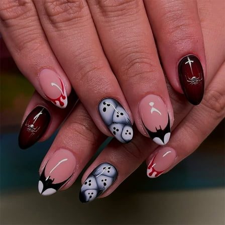 Halloween Nail Art - 24 Pieces Wearable Nail Art Stickers, Bat Nail Art Stickers, Short Almond False Nails