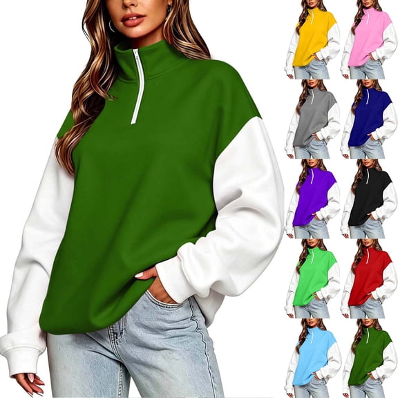 VBVC Women's Oversized Color Block Sweatshirt, Quarter Zip Mock Neck Pullover For Women, Ladies' Fall Winter Long Sleeve Top with Pockets, Green , S-2XL