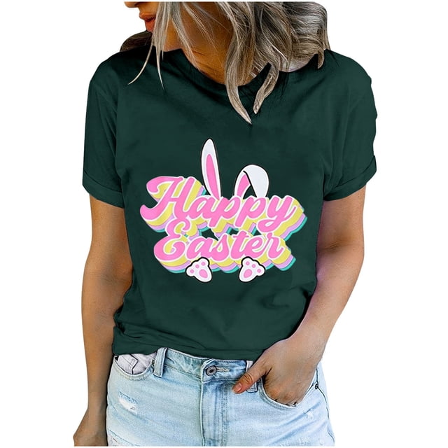 Bowake Easter T-Shirts pour Femmes Manches Courtes Col Rond T-Shirts Easter Joyeux T-Shirts Graphiques Mignons Hauts d'Été Décontractés