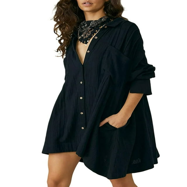 PENGXIANG Robe Chemise à Manches Longues pour Femmes Automne Couleur Unie Col à Revers