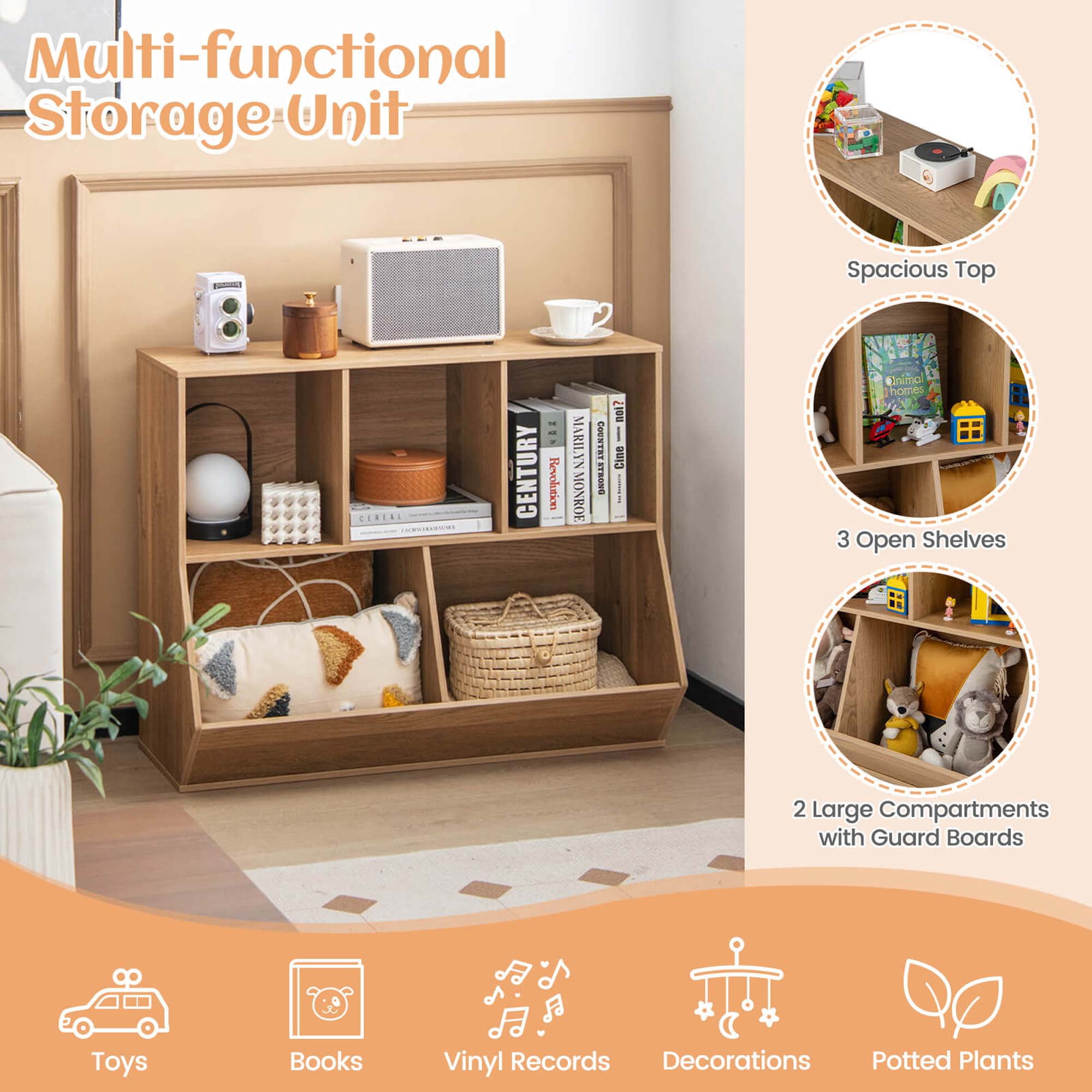 Costway Storage Organizer Kids Bookcases, Wood Natural, 35.5''x16''x30'', 38.5 lb