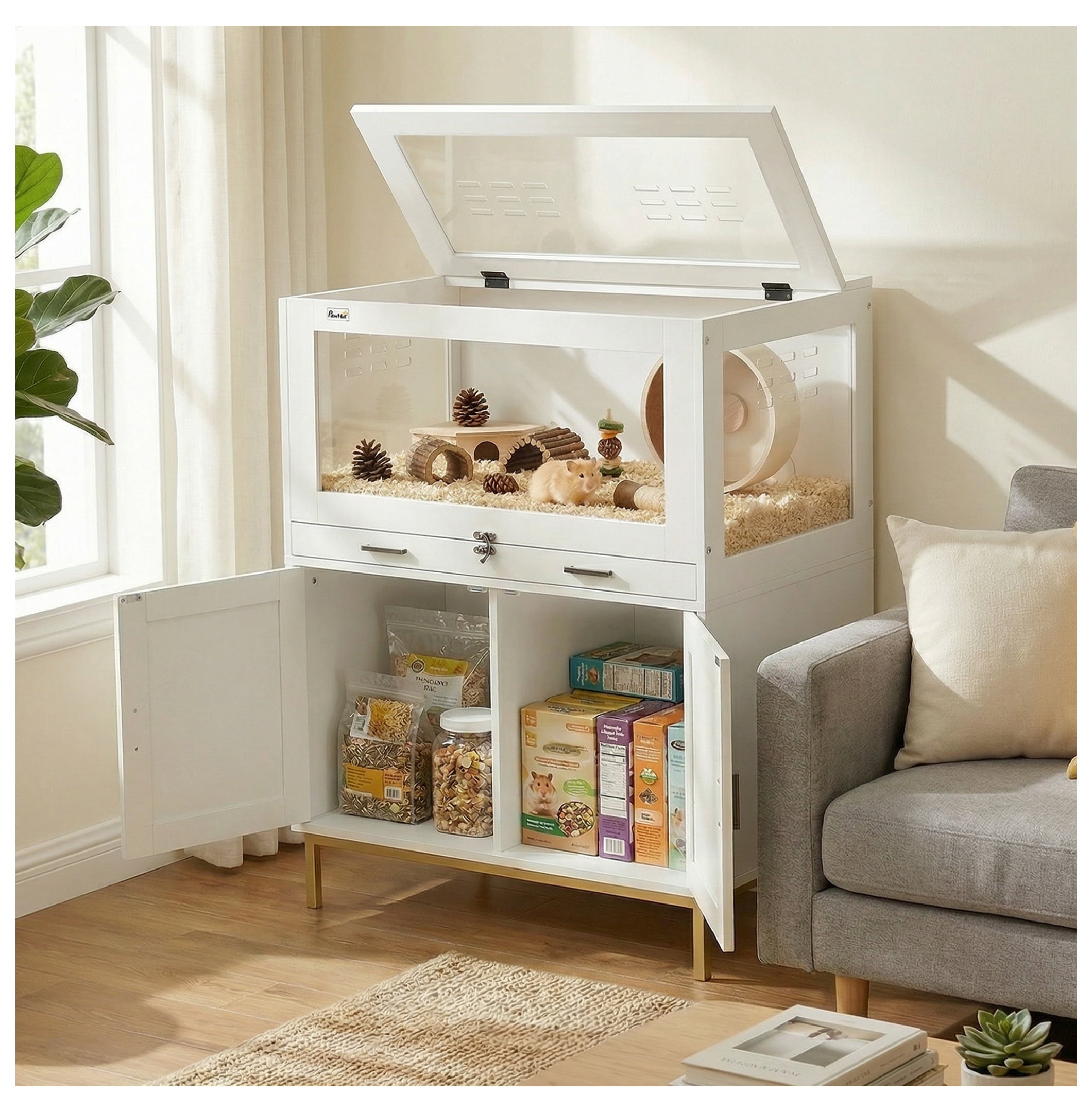 Hamster Cage with Storage, Small Animal Cage with Pull Out Drawer & Acrylic Panels, 30" x 19.5" x 36" White