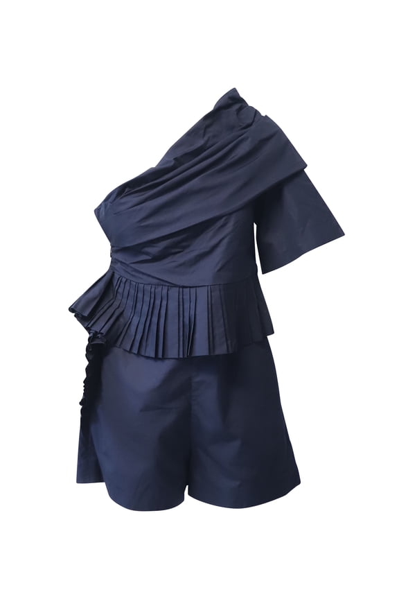 Pre-Owned Chloe Asymmetrical Pleated Playsuit in Navy Blue Cotton