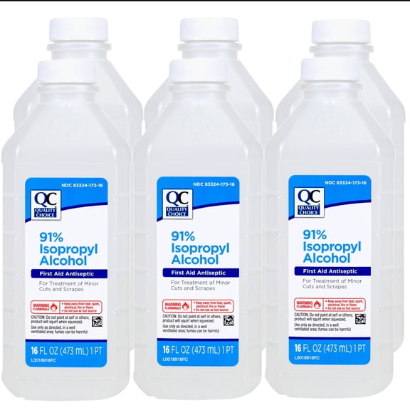 Quality Choice 91% Isopropyl Alcohol First Aid Antiseptic for Treatment of Minor Cuts and Scrapes, 16 FL OZ - 6 Pack