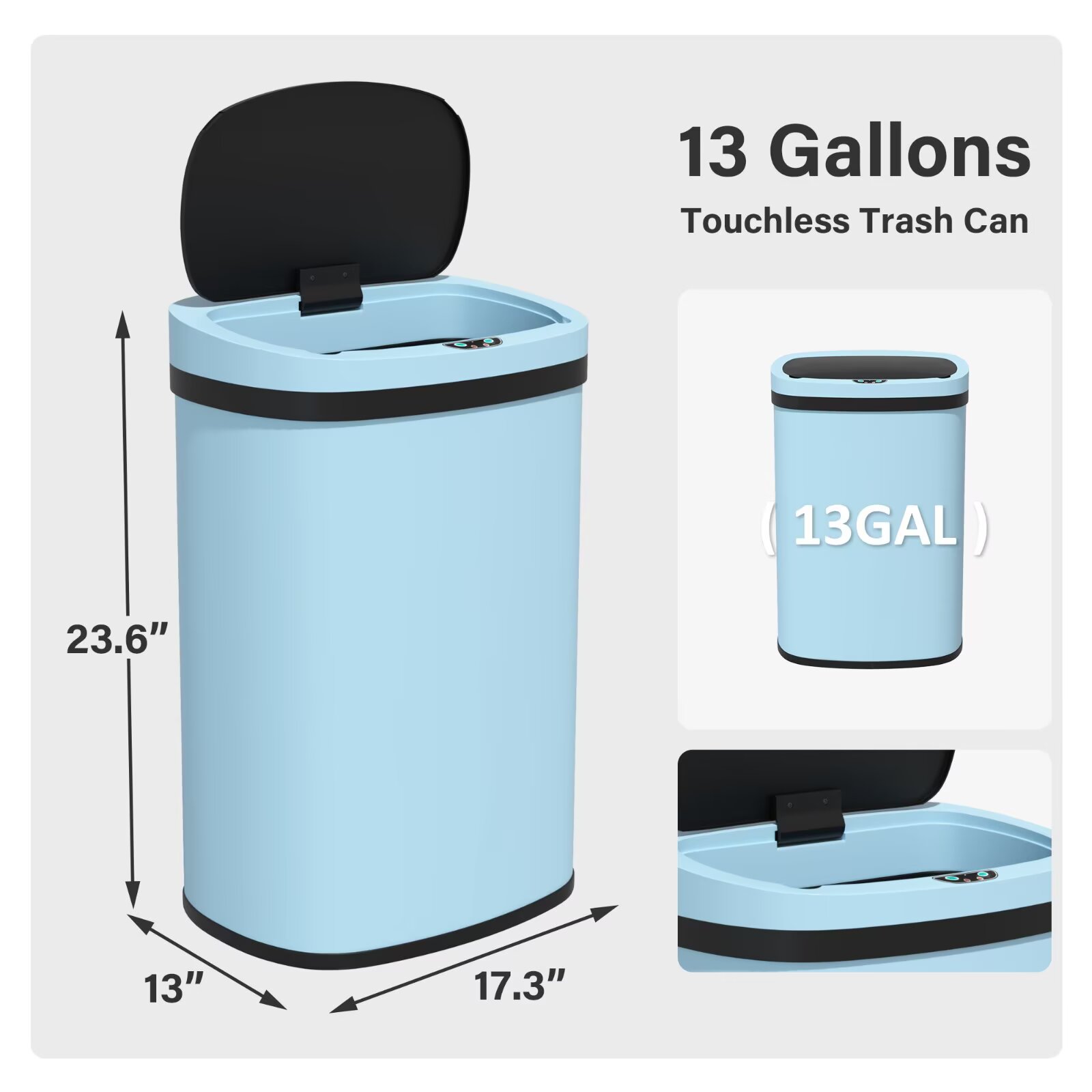 YRLLENSDAN 13 Gallon Touchless Stainless Steel Trash Can, Automatic Garbage Cans with Lid, Motion Sensor Wateproof Trash Bin for Kitchen Bedroom Bathroom Office, Blue