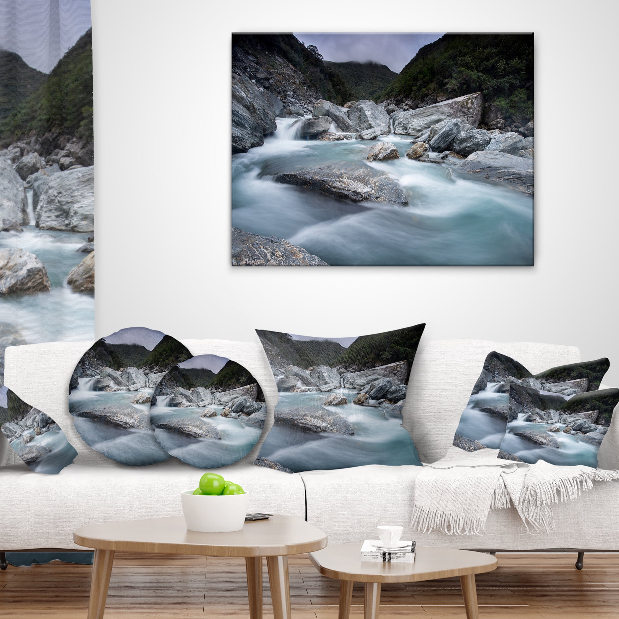 Designart Slow Motion Mountain River and Rocks - Landscape Printed Throw Pillow - 18x18