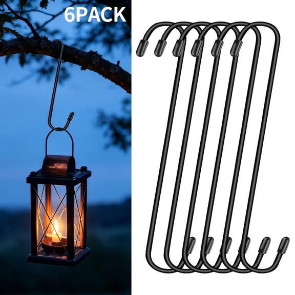 RYLZX 6 Pack 12 Inch Large S Hooks for Hanging Plants,Black Extra Matel Heavy Duty Hook for Hang Brsket,Bird House,Clothes,Kitchenware