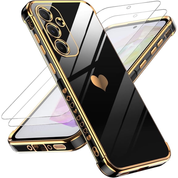 for Samsung Galaxy A35 5G Case: with Tempered Glass Screen Protector [2 Pcs]  Full Camera Lens Protection, Love Heart Plating Women Cute Luxury Soft TPU Shockproof Case for Samsung A35 5G, Black